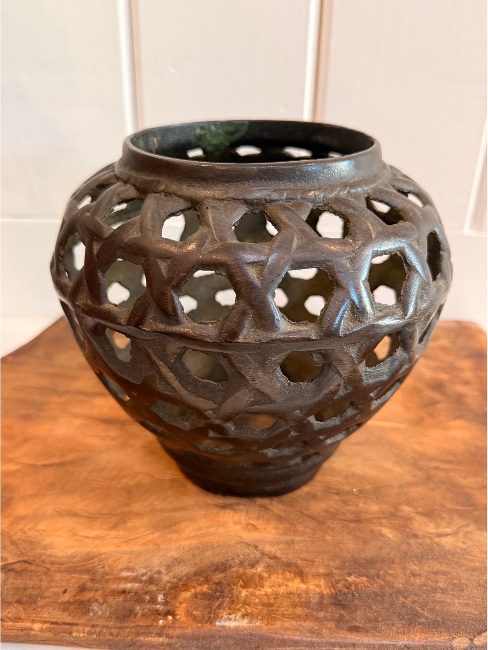 Vintage Japanese Cast Iron Usubata Ikebana Openwork Flower Vase